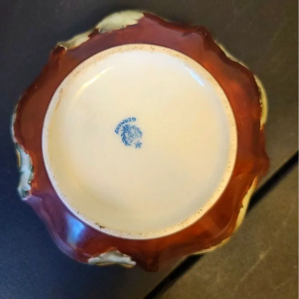 RARE NON-FOOTED RS Germany Porcelain Bowl #RHSRHS55 Fruit On Org/Ylw Background‎